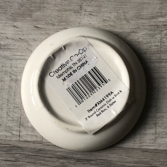 3” Round Ceramic Dish w Bird & Red Rim - Picture 3 of 6